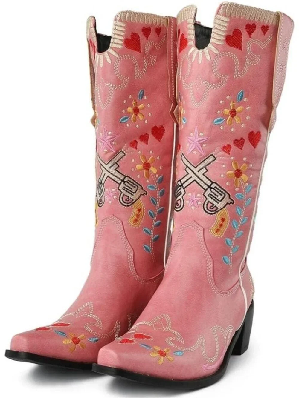 Women's Pink Knee High Boots Faux Leather Western Swallow Chunky Low Heels